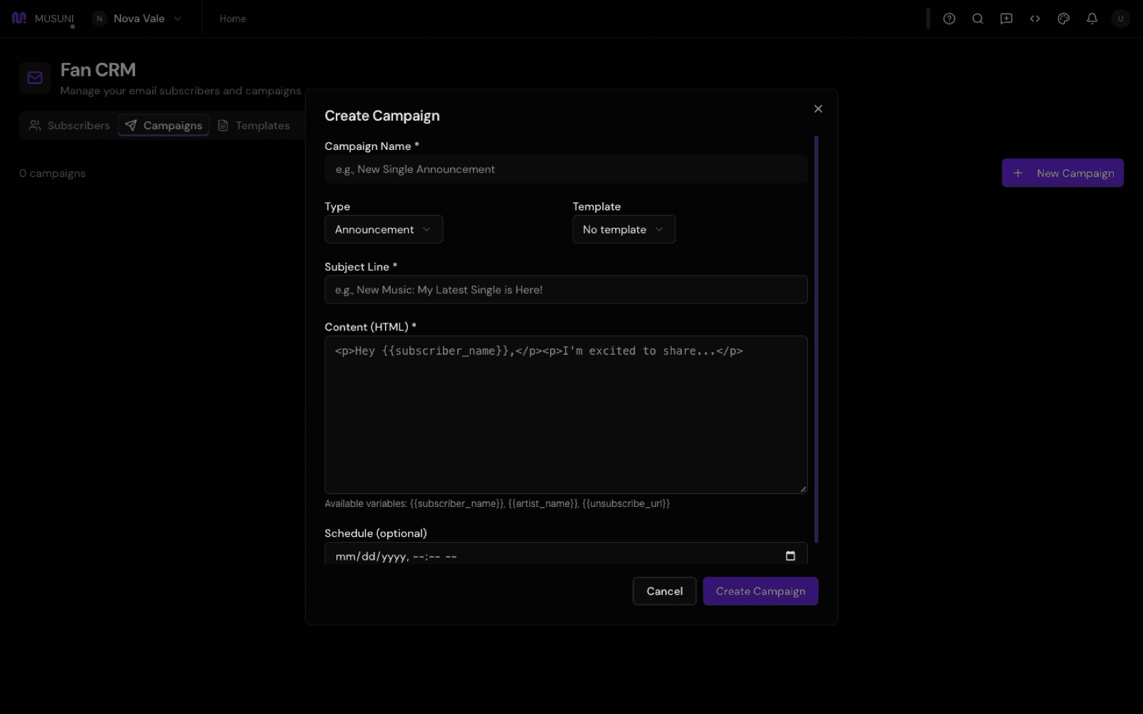 Create Campaign dialog