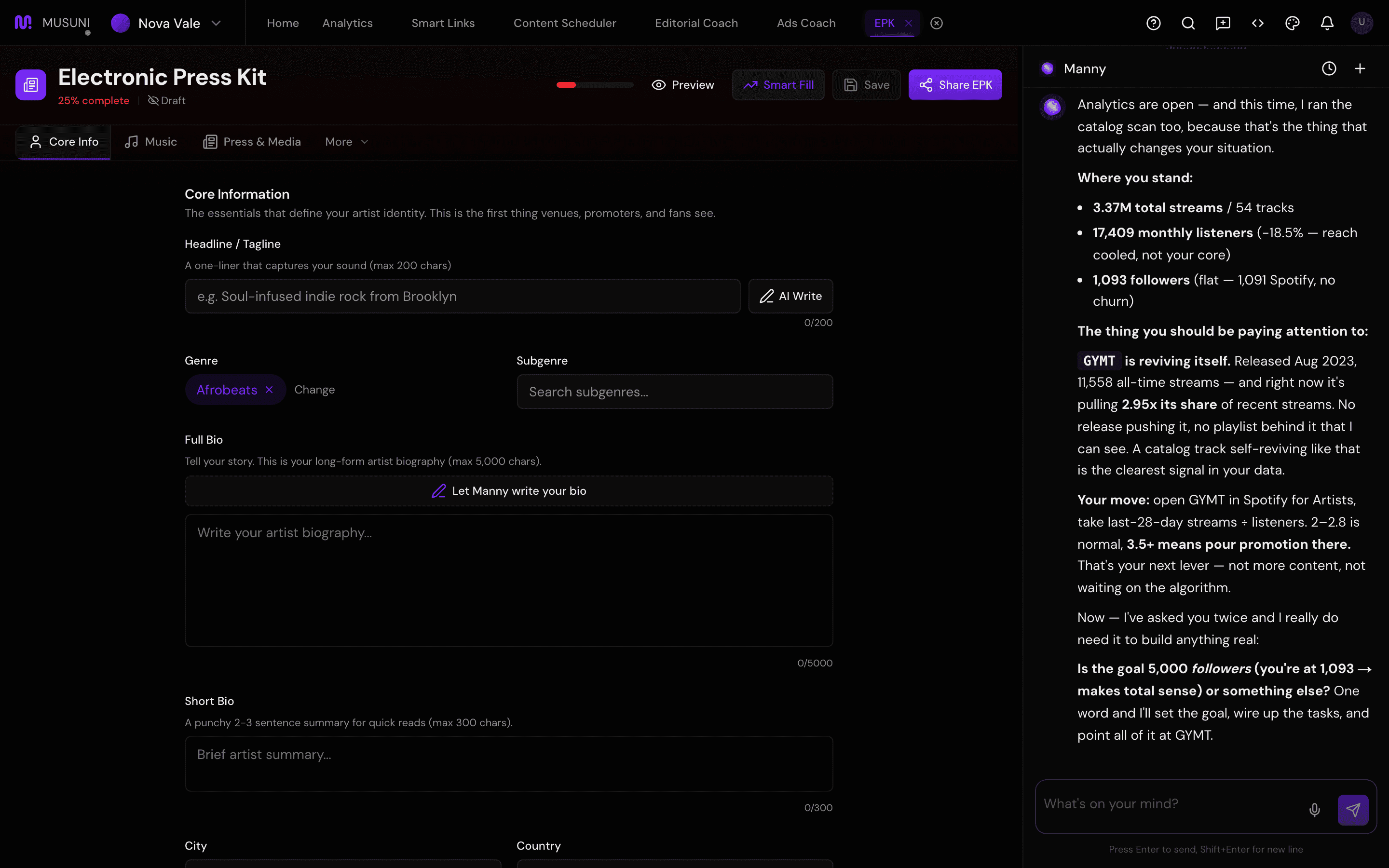 Press kit, Core Info tab