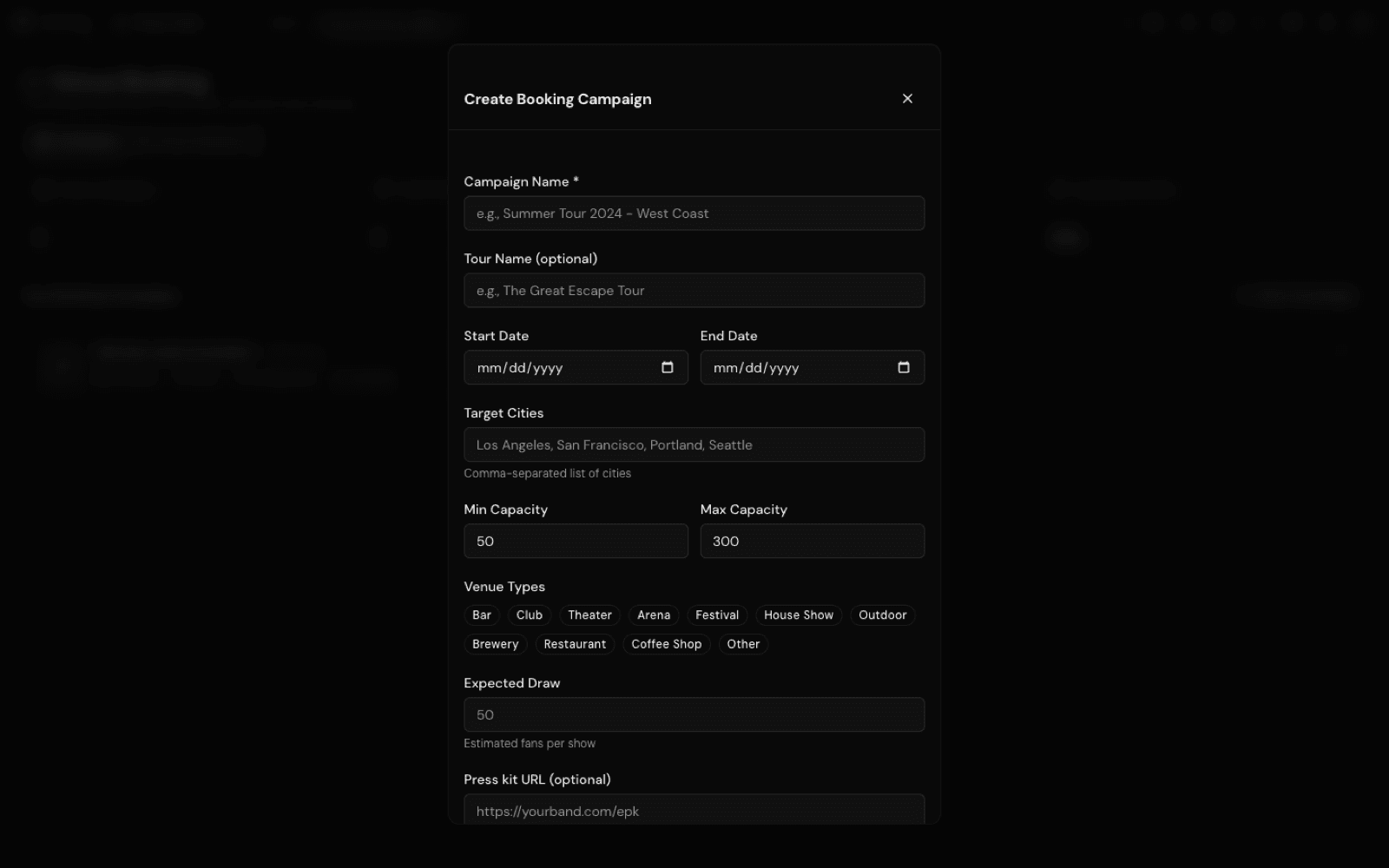 Create Booking Campaign form