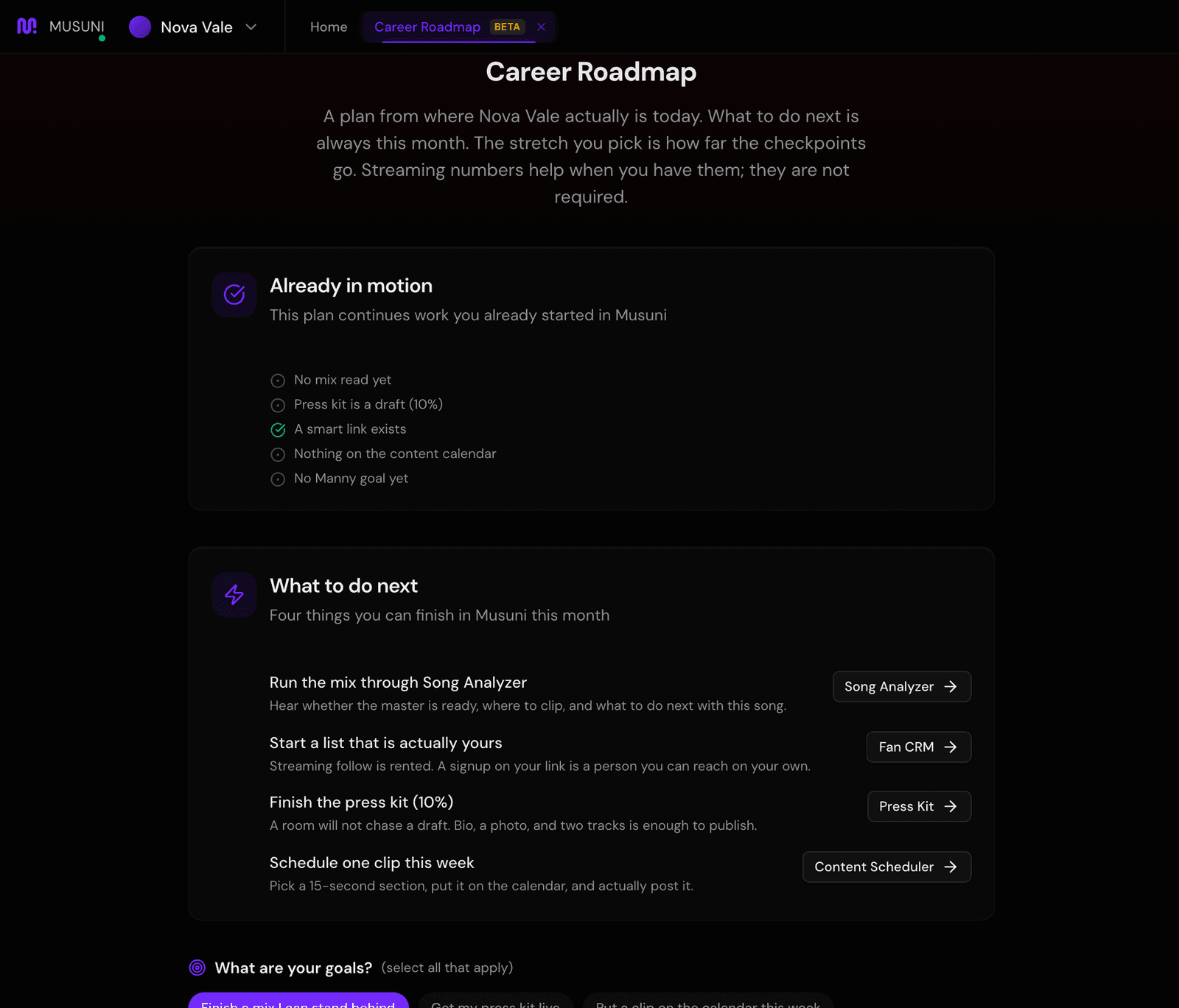 Career Roadmap setup screen