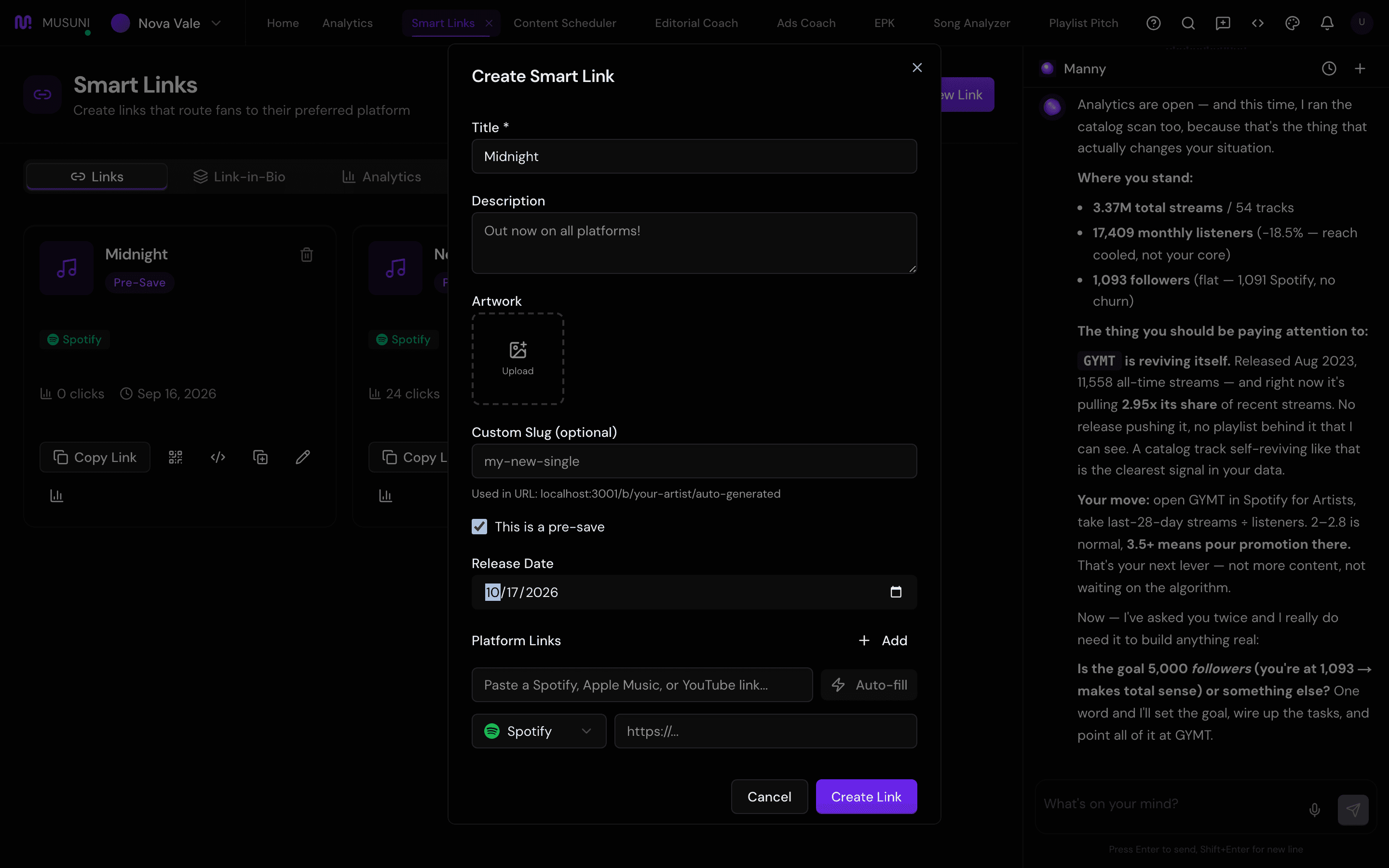 Pre-save settings in the link form