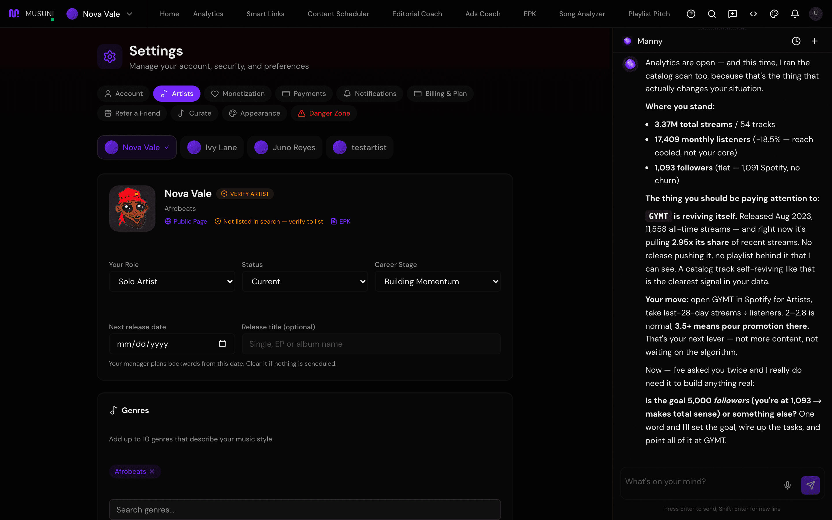 Settings, Artists section