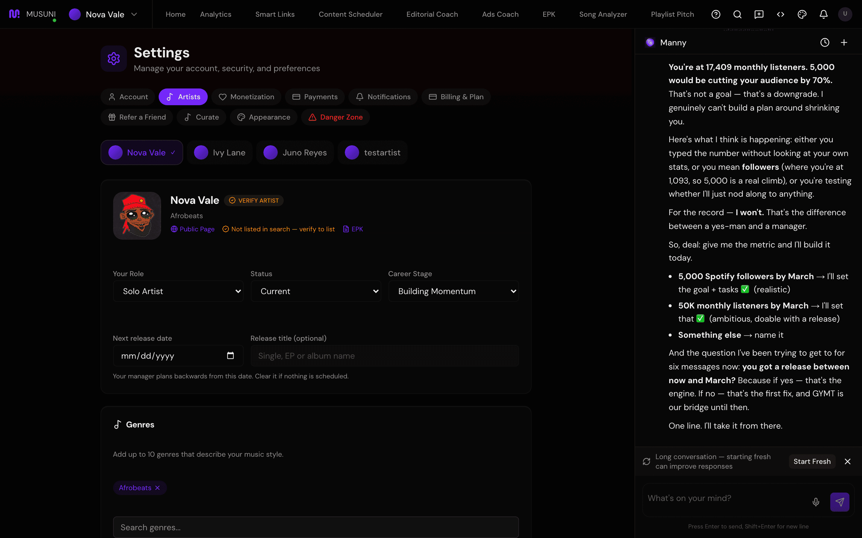 Settings, Artists section